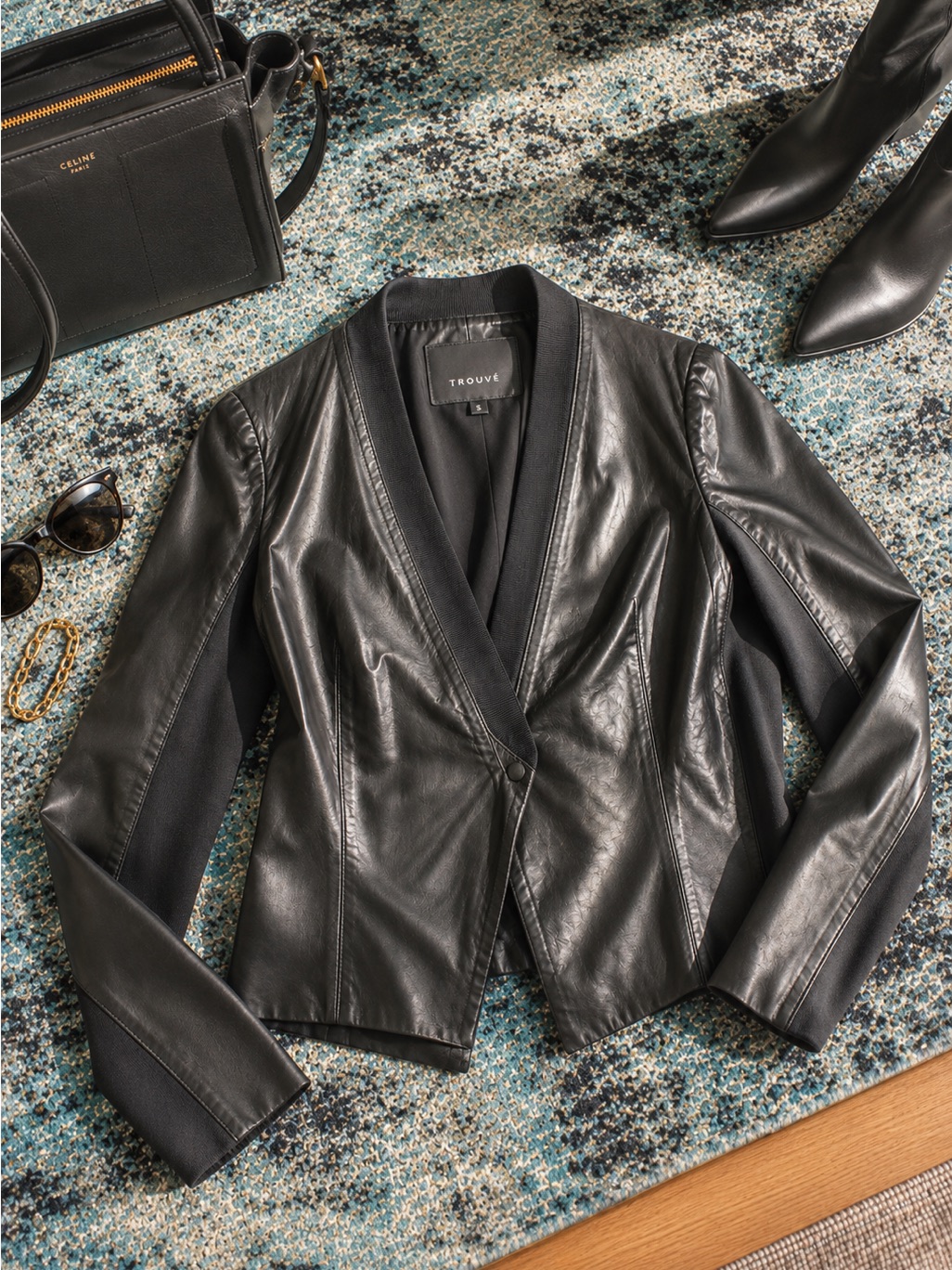 Trouv Genuine Soft Leather Jacket Black Knit Panel Single Snap Front Moto L